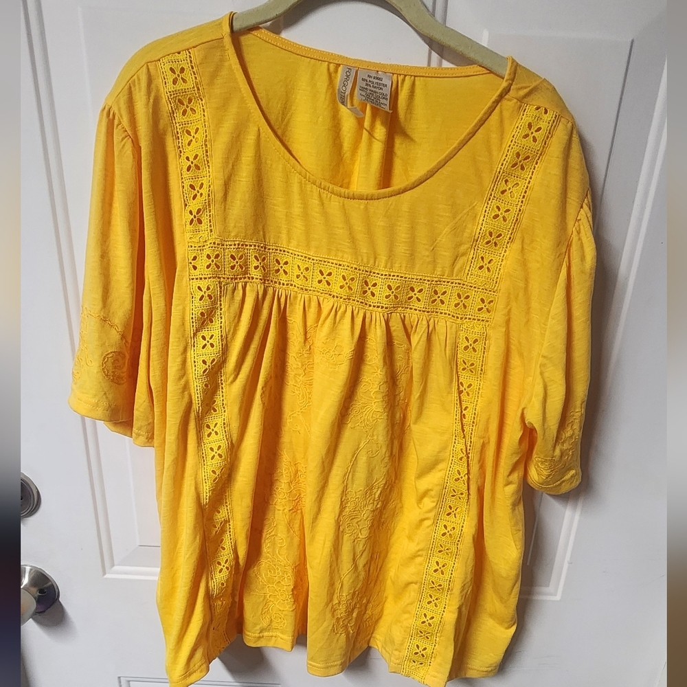 New Anthropologie Forgotten Grace Plus 2X Top Blouse Embroidered Crochet Yellow